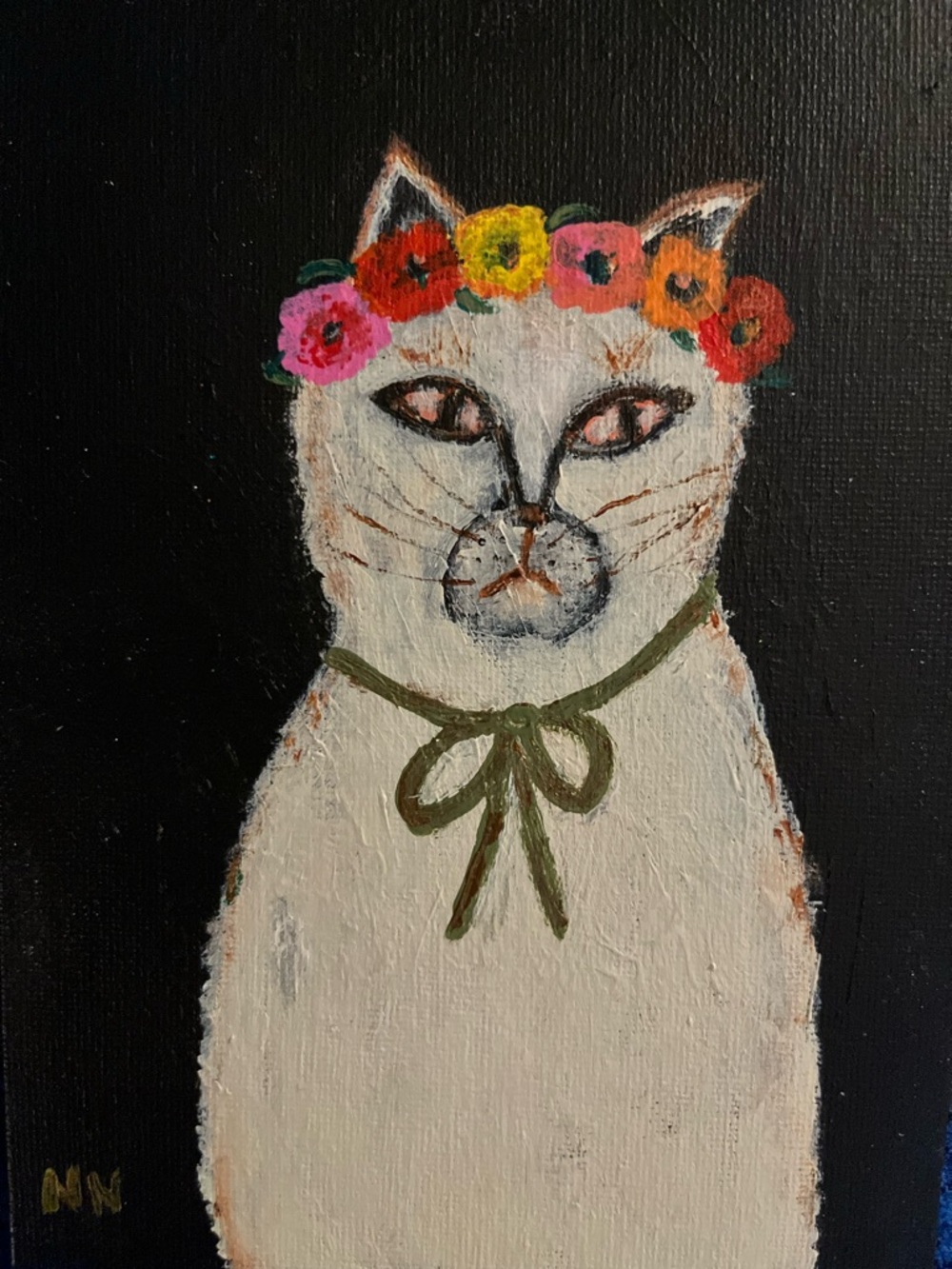 Original art painting of boho cat wearing floral crown